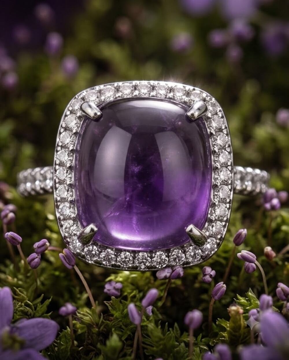 Sterling Silver Natural Amethyst & CZ Halo Ring - Size 7